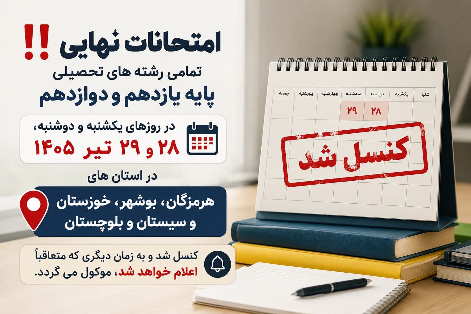 لغو امتحانات نهایی ۴ استان ۲۸ و ۲۹ تیر ماه‼️