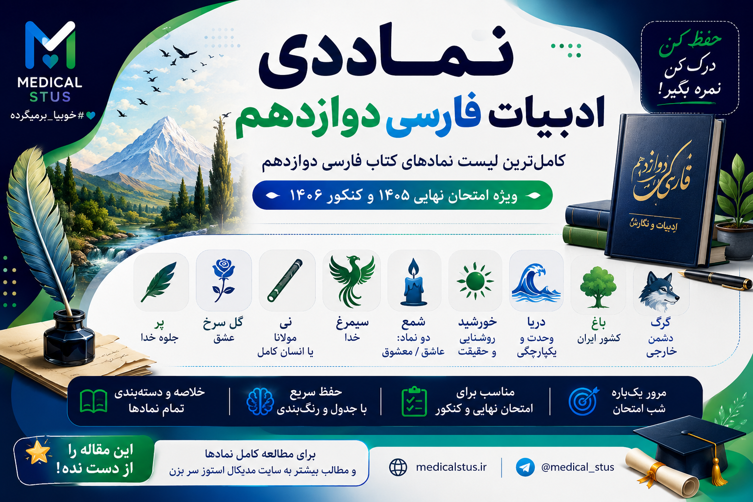 نمادهای ادبیات فارسی دوازدهم | کامل‌ترین جدول نمادهای امتحان نهایی ۱۴۰۵ 