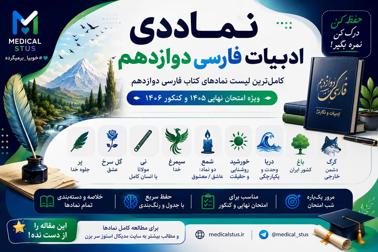 نمادهای ادبیات فارسی دوازدهم | کامل‌ترین جدول نمادهای امتحان نهایی ۱۴۰۵ 