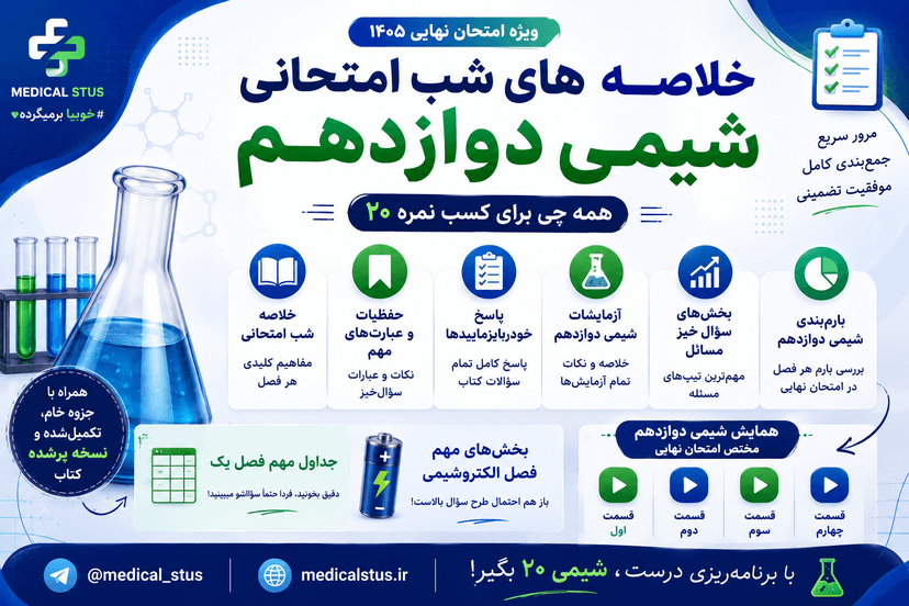 خلاصه شیمی دوازدهم ۱۴۰۵ | خلاصه شب امتحانی + حفظیات + بارم‌بندی + مسائل مهم